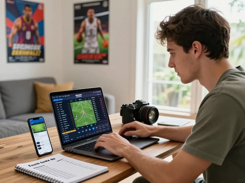 Engaging online sports betting experience with a laptop and mobile app at https://vaobong1gom.us.com/ showcasing vibrant sports statistics and atmosphere