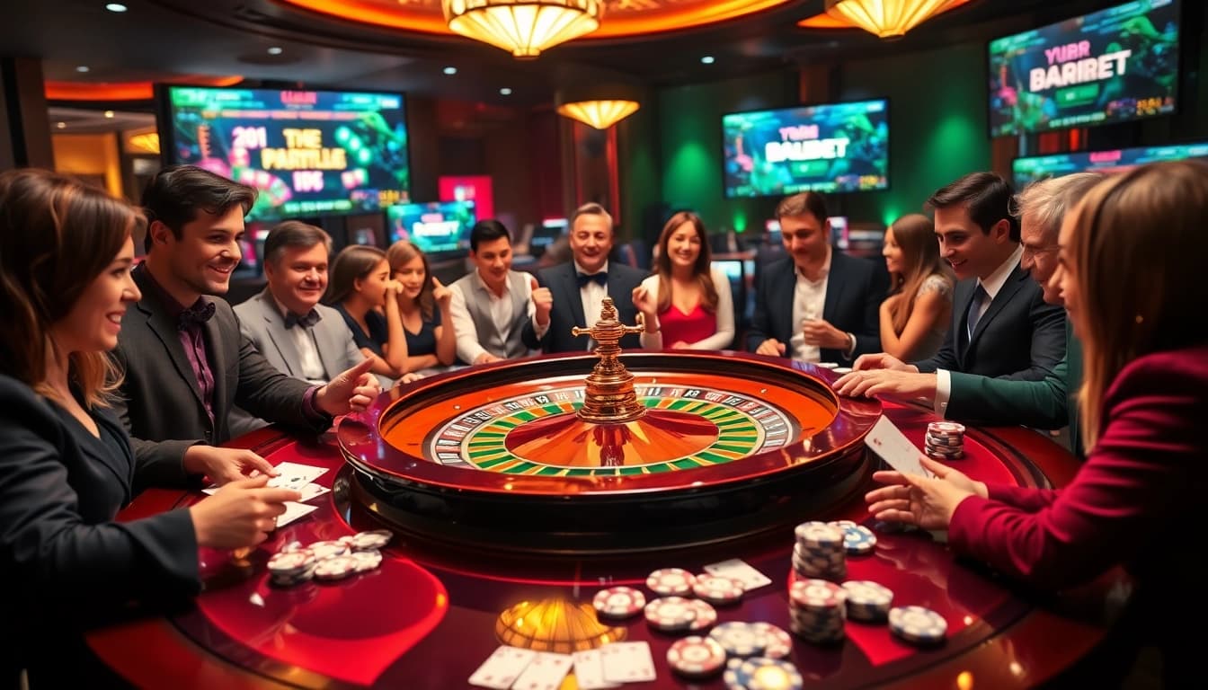 Players engaging at a roulette table surrounded by 8kbet casino elements, showcasing excitement.