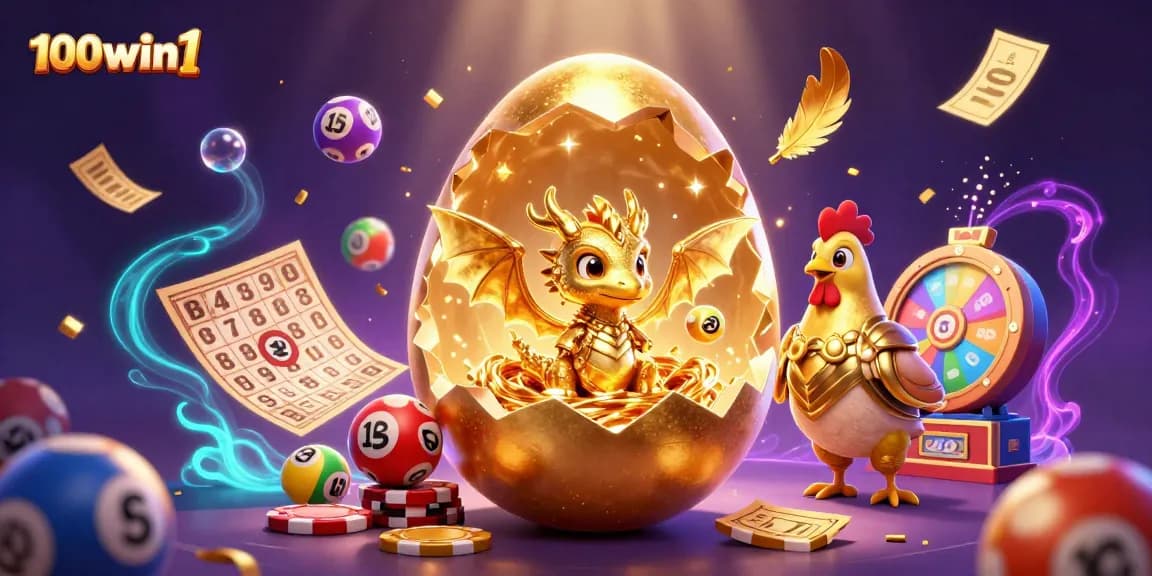 Join the excitement of 100win1 with a golden egg revealing a dragon among dynamic gambling elements.