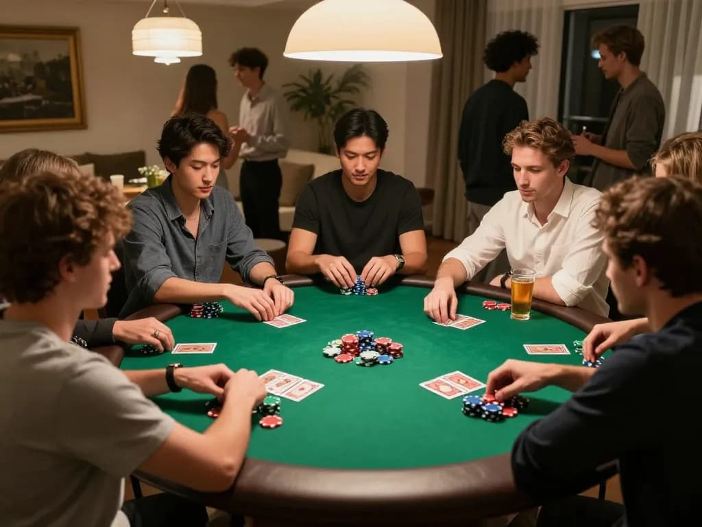 Players enjoying a heated poker night with DA88 gameplay strategy on display, cards and chips adding vibrancy to the scene.