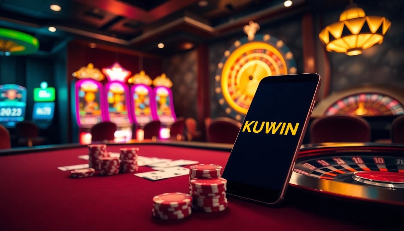 A dynamic poker scene featuring cards and chips, highlighting the excitement of betting at https://kuwin.coupons/ casino.