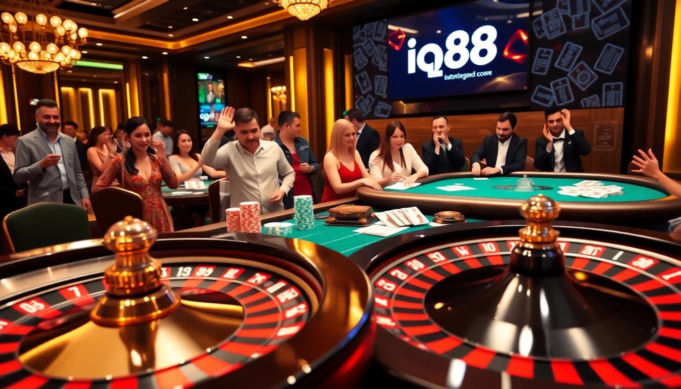 Experience thrilling gameplay at iq88 casino with vibrant poker tables and roulette wheels.