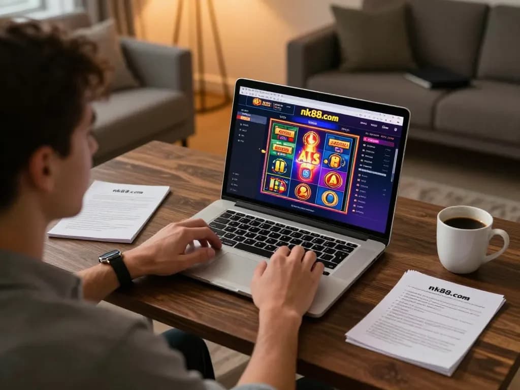 Engaged player using nk88.com for online casino gaming, illustrating a cozy home setup.