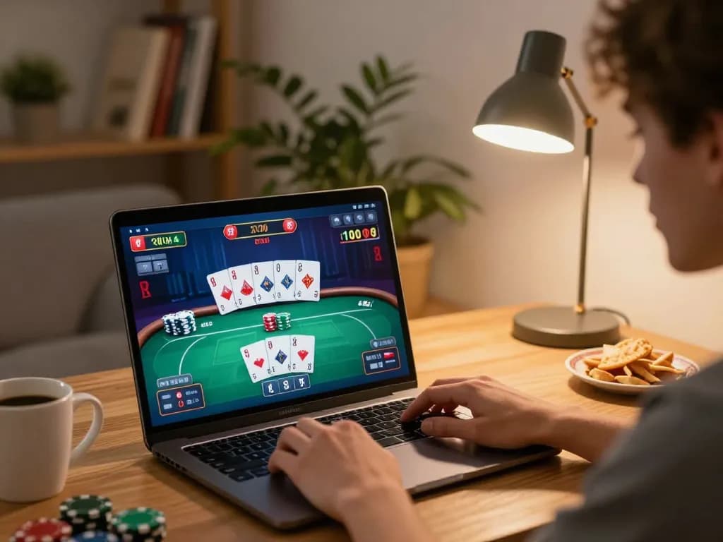 Player enjoying a thrilling online poker game at home with sky88 interface displayed