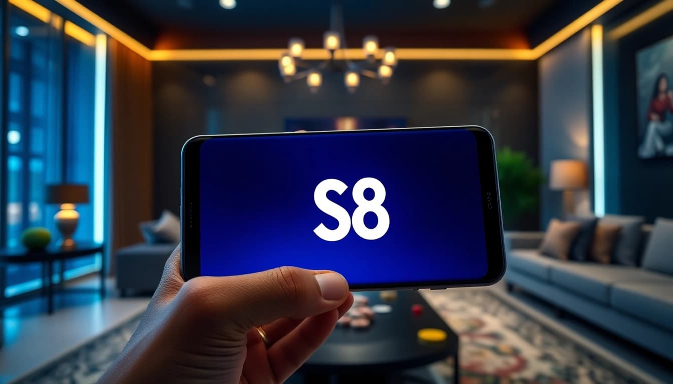 S8 logo displayed on a smartphone showcasing online gambling interface in a modern living room.