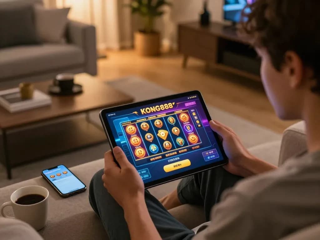 KONG88 player enjoying a mobile slot game in a cozy home setting, showcasing strategic gameplay.