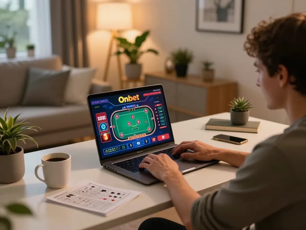 Engaged player experiencing Onbet casino games on laptop, highlighting the thrill of online gambling.