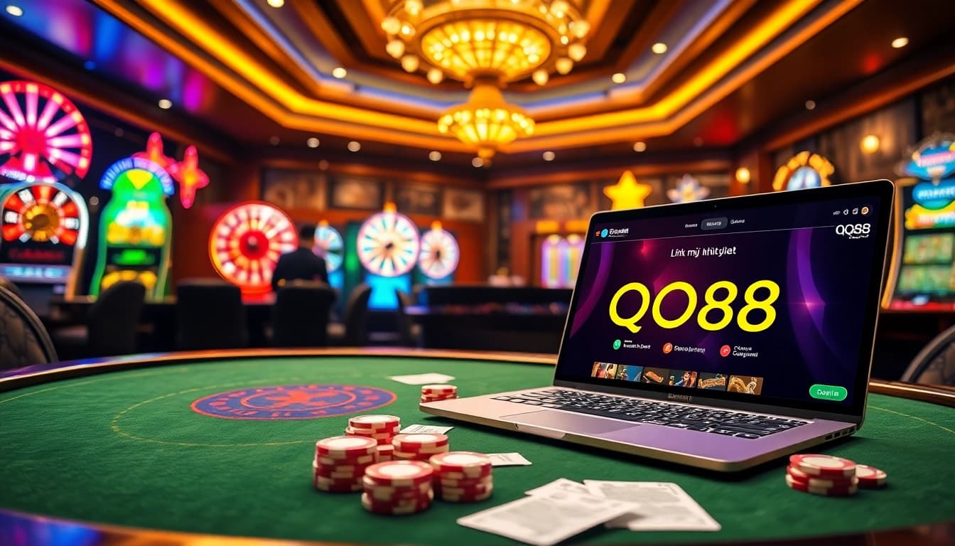 Experience the thrill of online gaming with Link mới nhất QQ88 showcasing poker chips and roulette wheels.