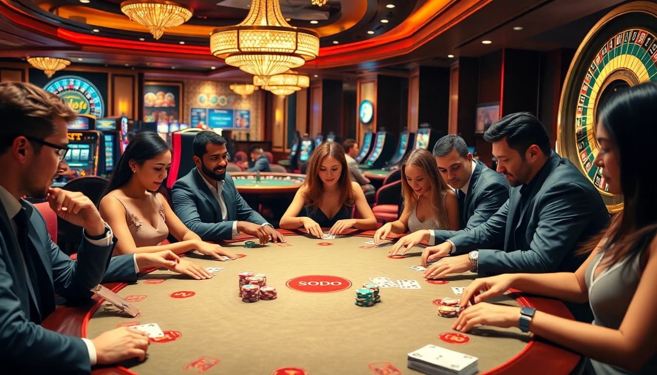 SODO casino scene showcasing players engaged in an exciting card game at a luxurious table.