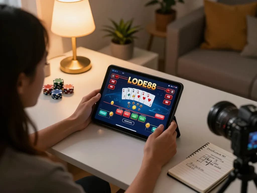 Engaging LODE88 online poker session with vibrant interface and strategic notes in a cozy setting.