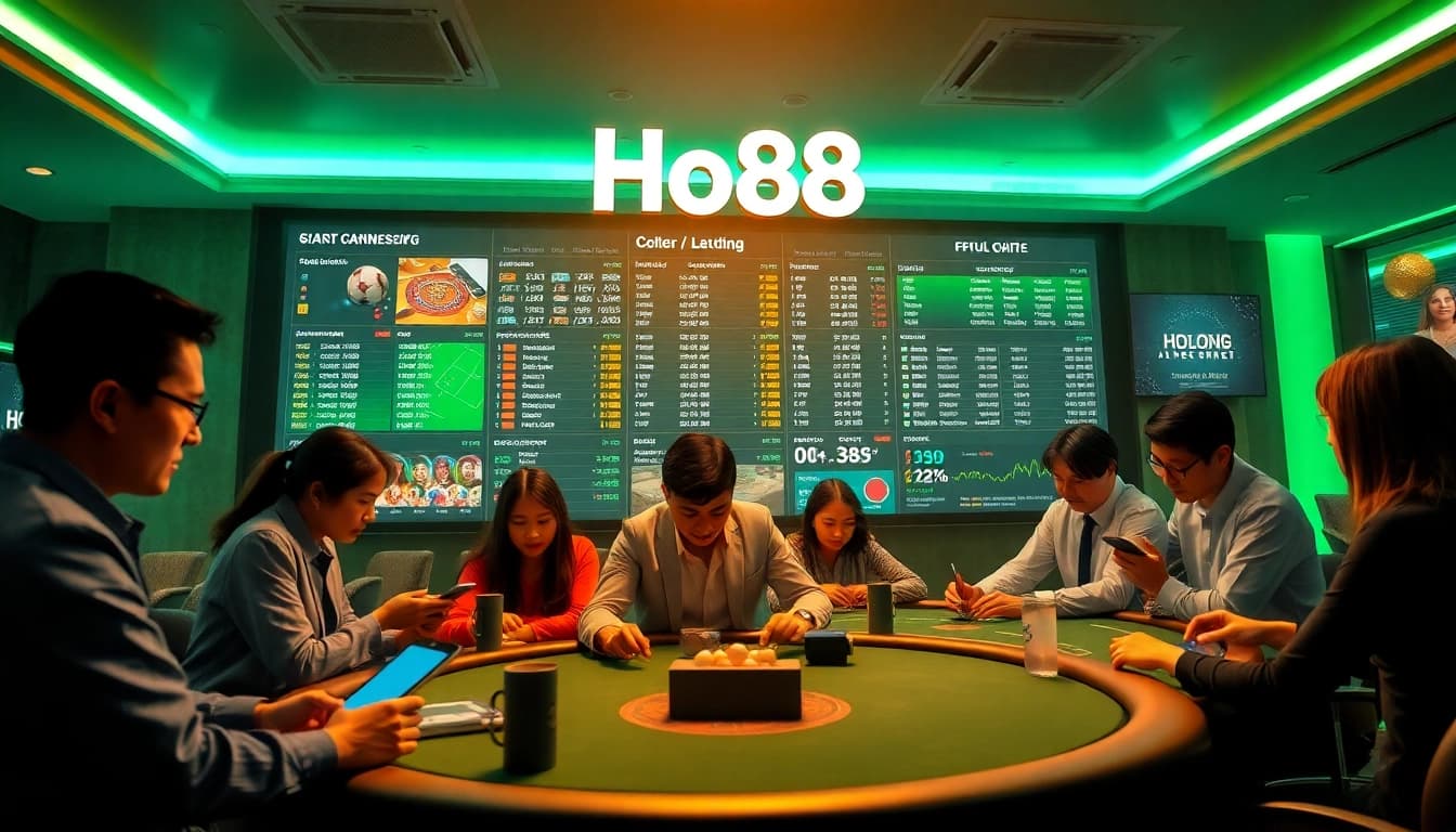 Harmonious digital betting scene featuring Ho88, showcasing diverse players and engaging interface in a vibrant online atmosphere.