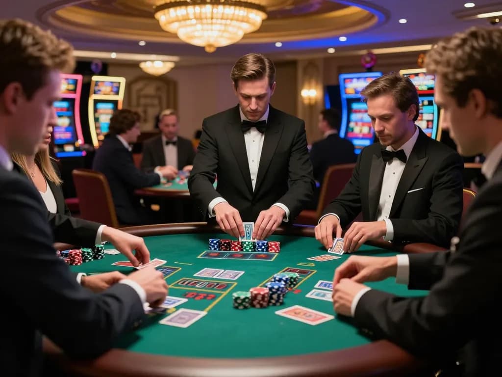 A gripping blackjack game at uu88 com featuring focused players and a skilled dealer in an upscale casino setting