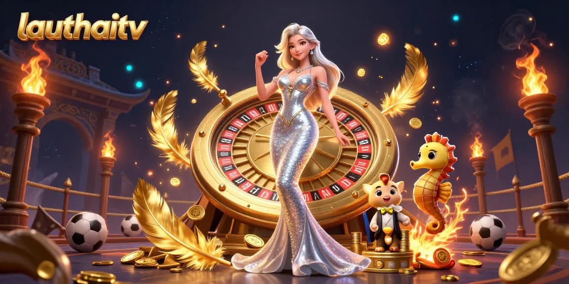 Experience thrilling sports betting on lauthaitv with a dazzling roulette wheel and vibrant gambling elements.