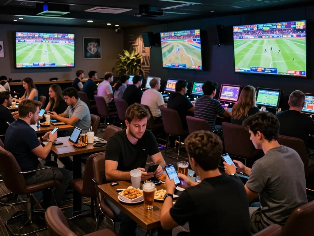 FABET users engaging in dynamic sports betting activity at a vibrant lounge during a live event