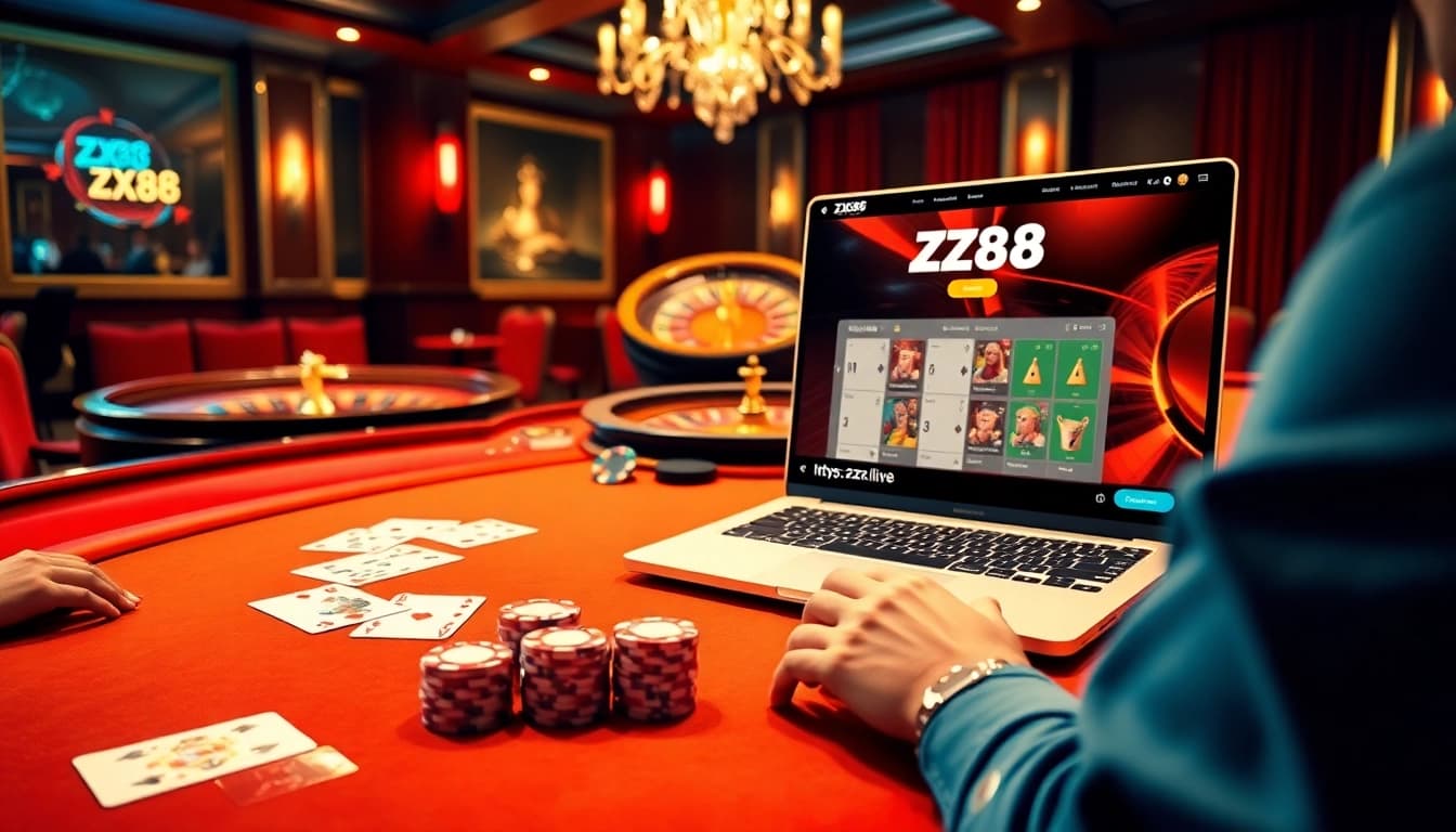 Experience the thrill of online gaming at https://zx88.live/ with a luxury casino scene showcasing cards and chips.