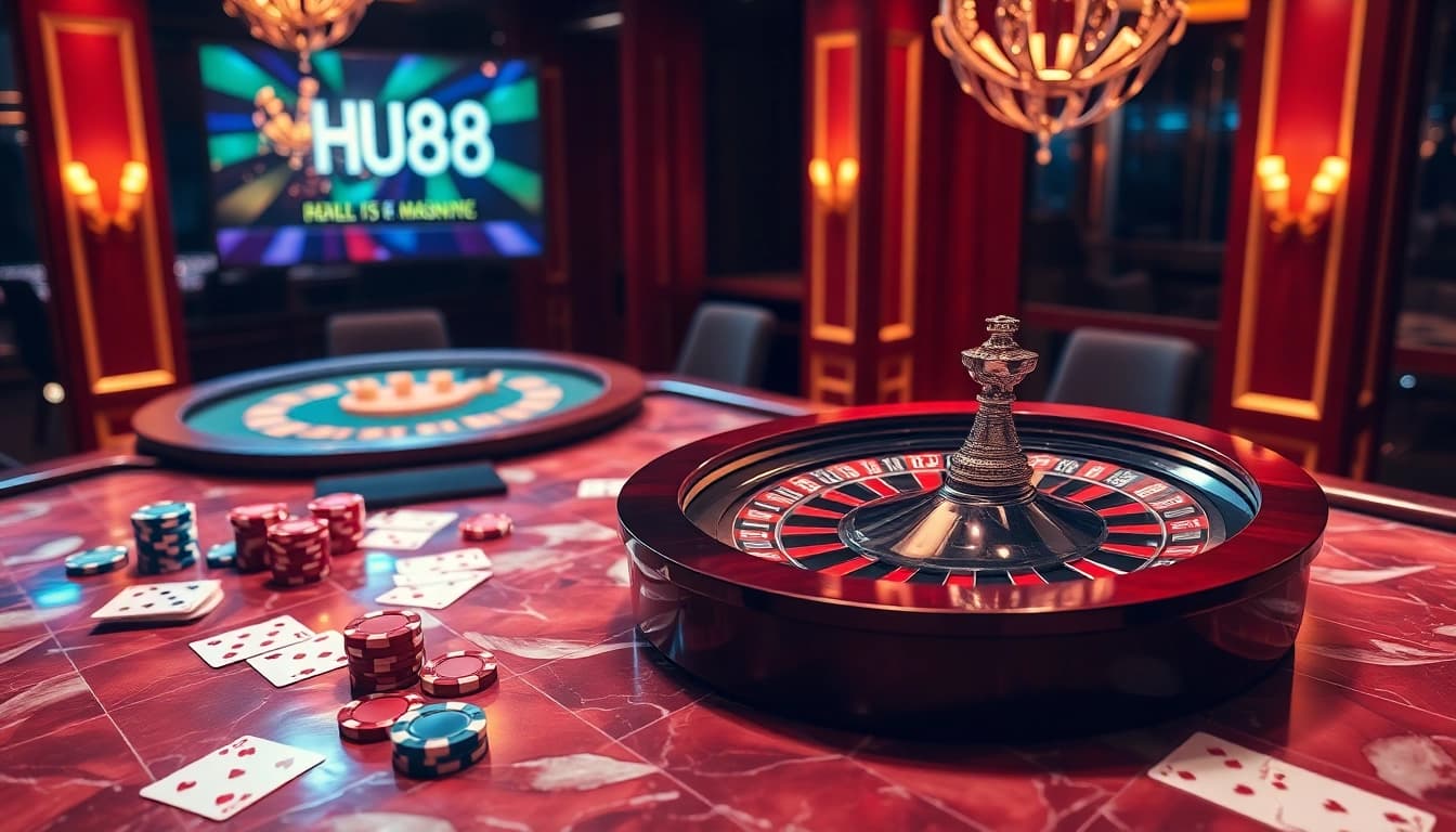 Experience exhilarating gameplay at HU88 with luxurious casino tables and vibrant poker chips in a classy environment.