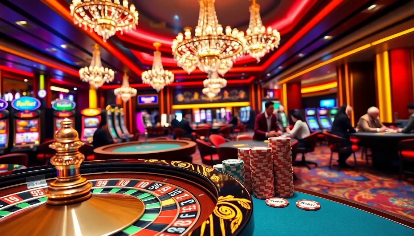 Excited gamblers engaging at the 789bet casino tables featuring roulette and poker.