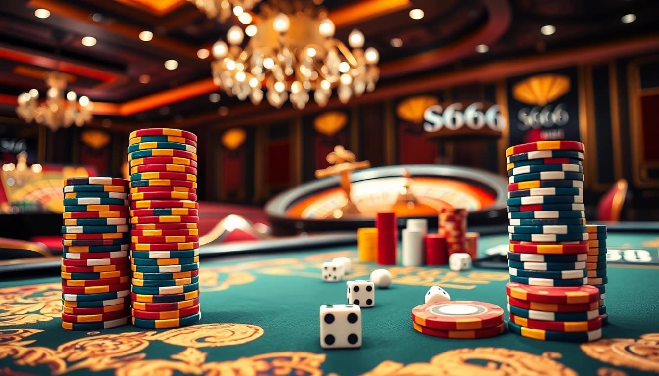 S666 poker scene with vibrant chips and roulette wheel creating an exciting casino atmosphere