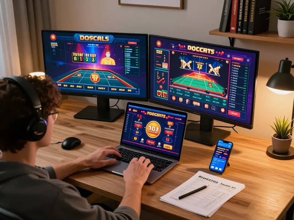 Engaged player strategizing in the hit club online gaming session using dual monitors for a sophisticated experience.
