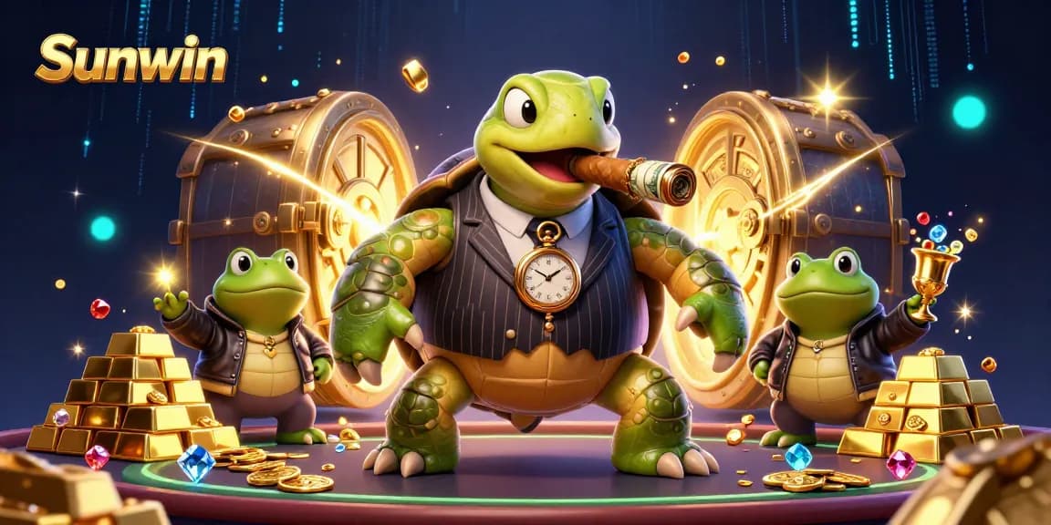 Engage with Sunwin's vibrant gambling scene with a rich 3D illustration featuring unique characters and treasures.