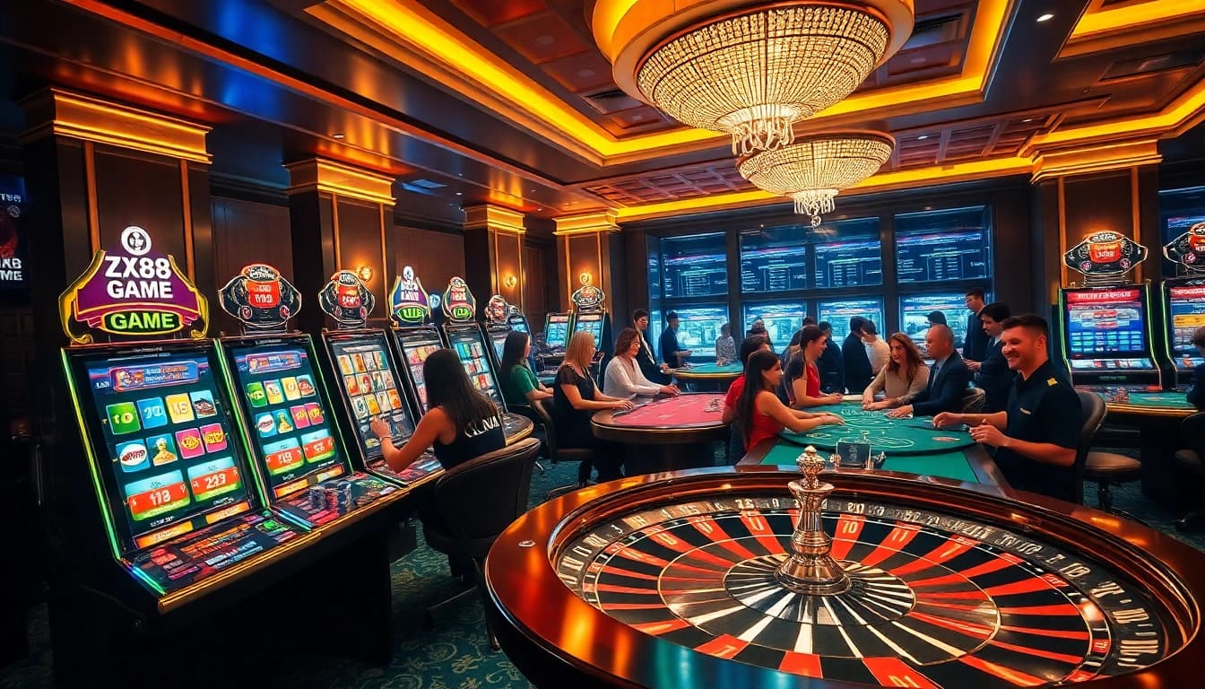 Experience the excitement of ZX88 GAME with luxurious casino visuals depicting vibrant slot machines and engaging players.