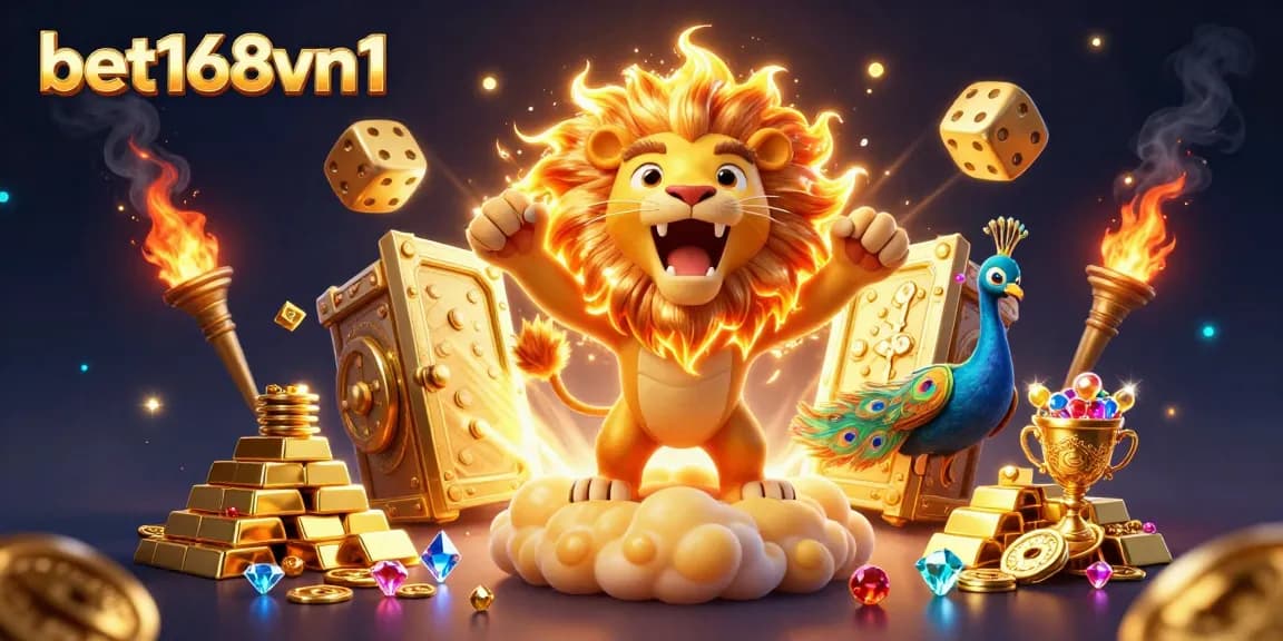 Experience winning at bet168vn1 with a dazzling 3D casino scene filled with treasures and excitement.