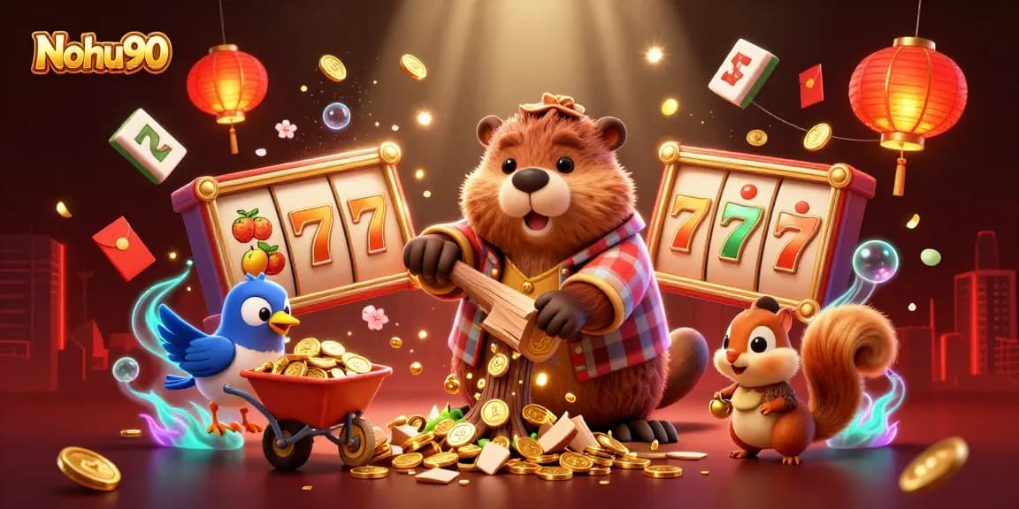 Nohu90 showcases vibrant 3D cartoon characters celebrating with rainy gold coins and exciting slot elements