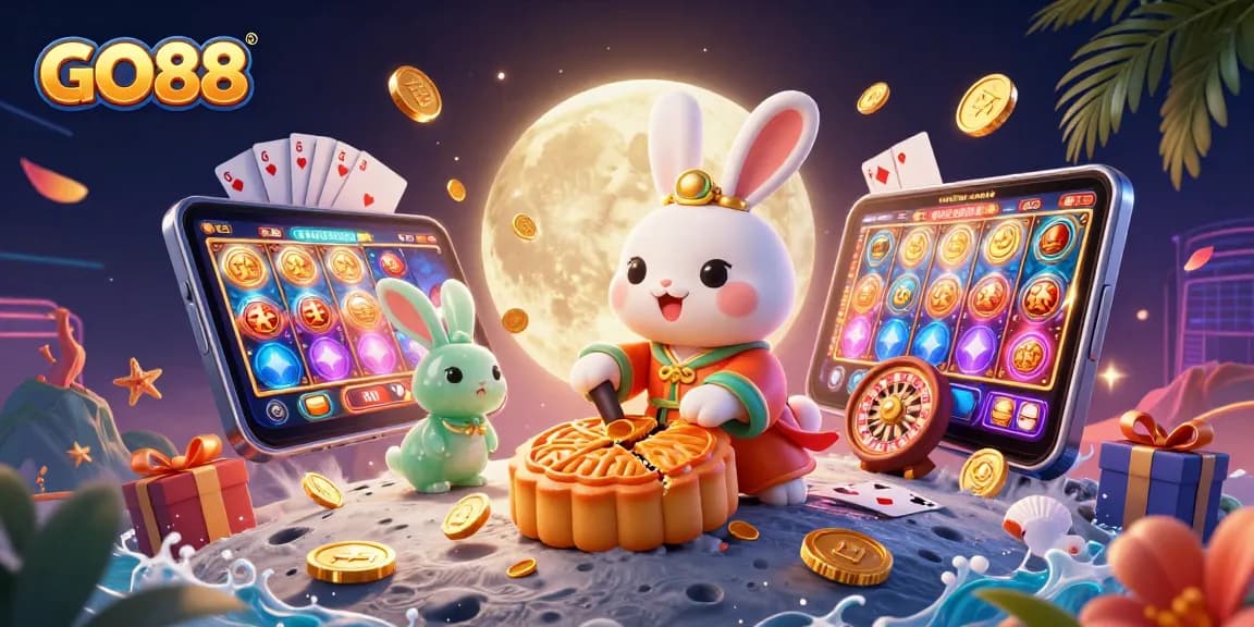 GO88 showcases an exciting lunar casino scene with a moon rabbit and vibrant gaming elements.