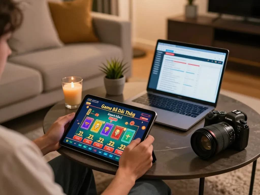 Engaging gameplay in Game Bài Đổi Thưởng at a stylish home setup, showcasing casino tablet interface.