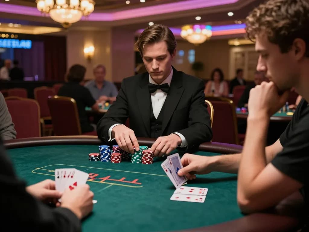 PHDREAM6268 players engaged in a strategic poker game at a luxury casino table, showcasing competitive gaming atmosphere.