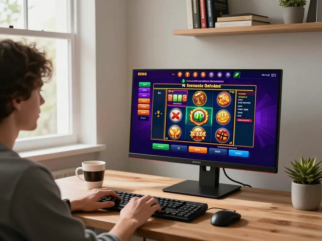 Engaging with nhà cái 789WIN through an online slot game on a sleek home gaming setup.