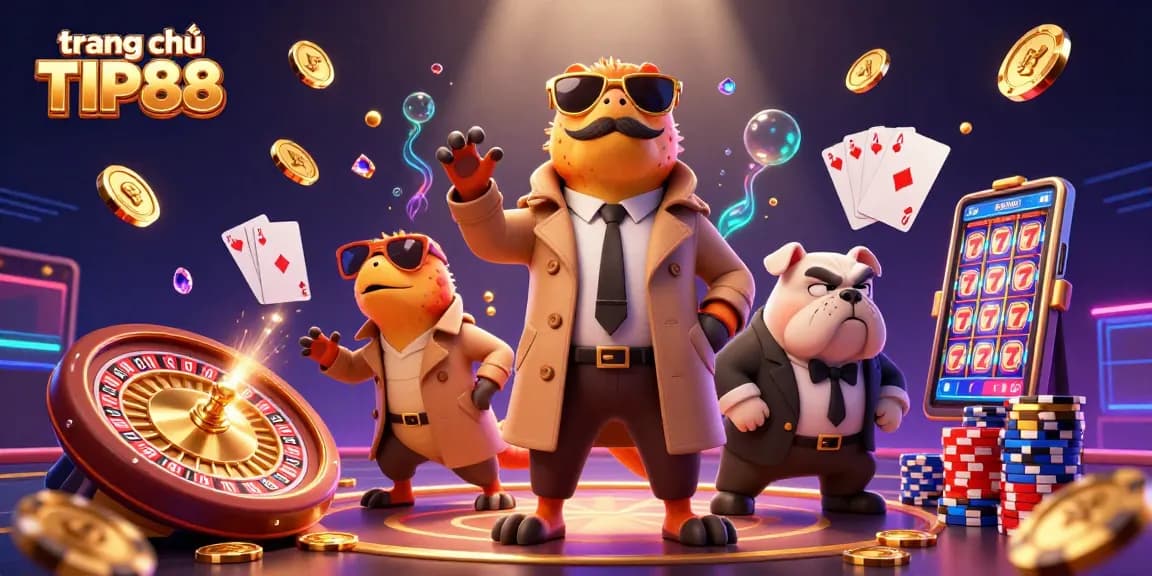 Engage in thrilling moments at trang chủ TIP88, featuring raptors and a bouncer in a vibrant casino scene.