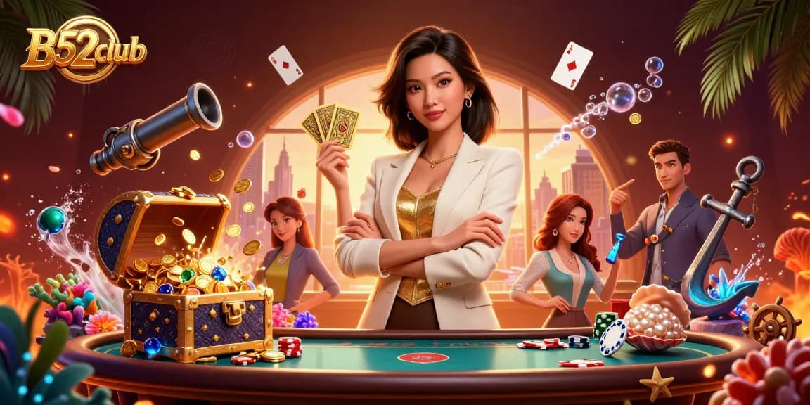 B52club offers an exciting gaming experience with a glamorous Asian businesswoman showcasing golden cards amidst a vibrant casino backdrop.