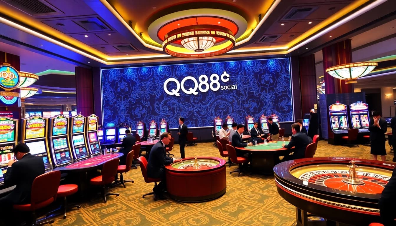 Experience exciting gameplay at QQ88 Social's luxurious casino environment with vibrant slot machines and poker tables.