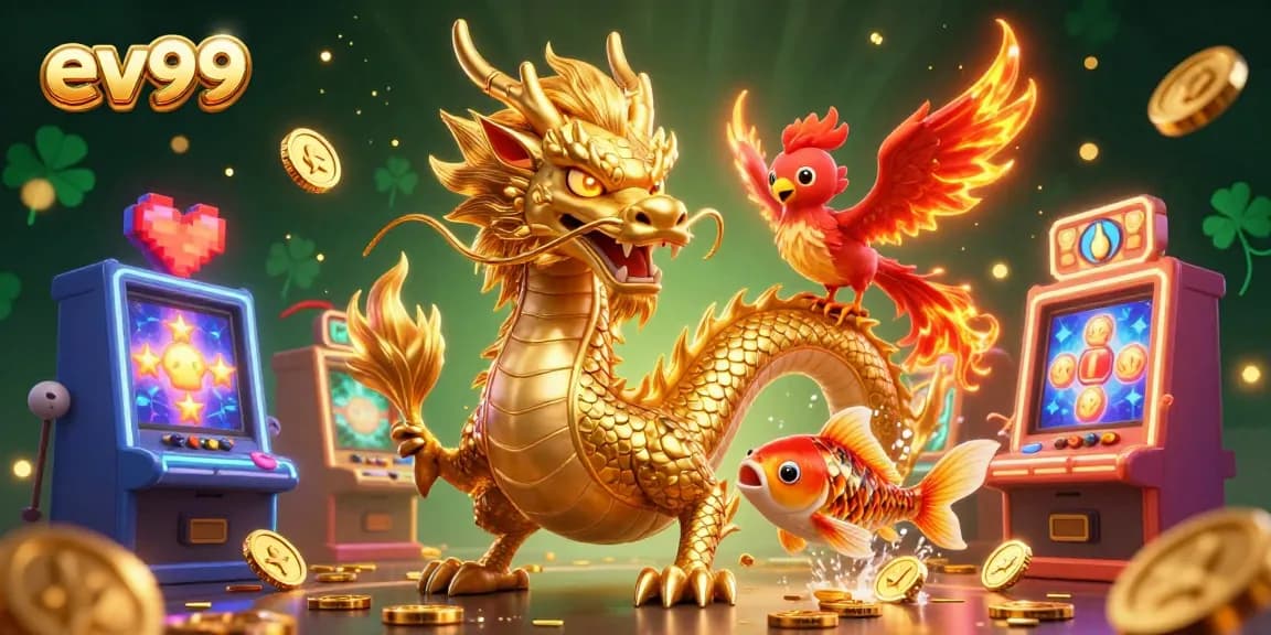 Join exciting ev99 slots action with a fierce dragon, phoenix, and koi fish amid gold coins.