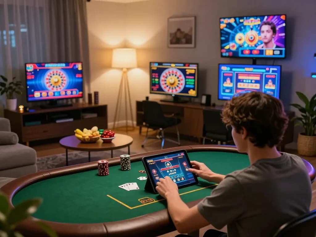 Engaged user playing poker online at home with a focus on lc88 casino platform and vibrant game interfaces.