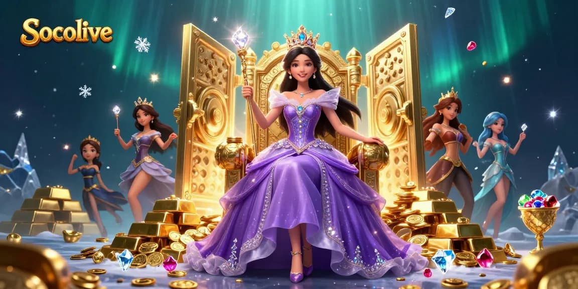 Socolive offers exciting online gambling with vibrant 3D rendering of a royal scene filled with treasures.