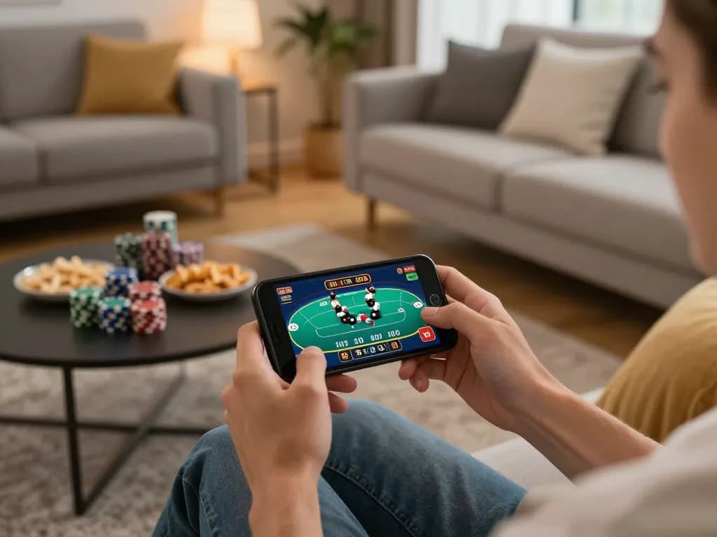 Sunwin player enjoying gaming on smartphone in a cozy living room.