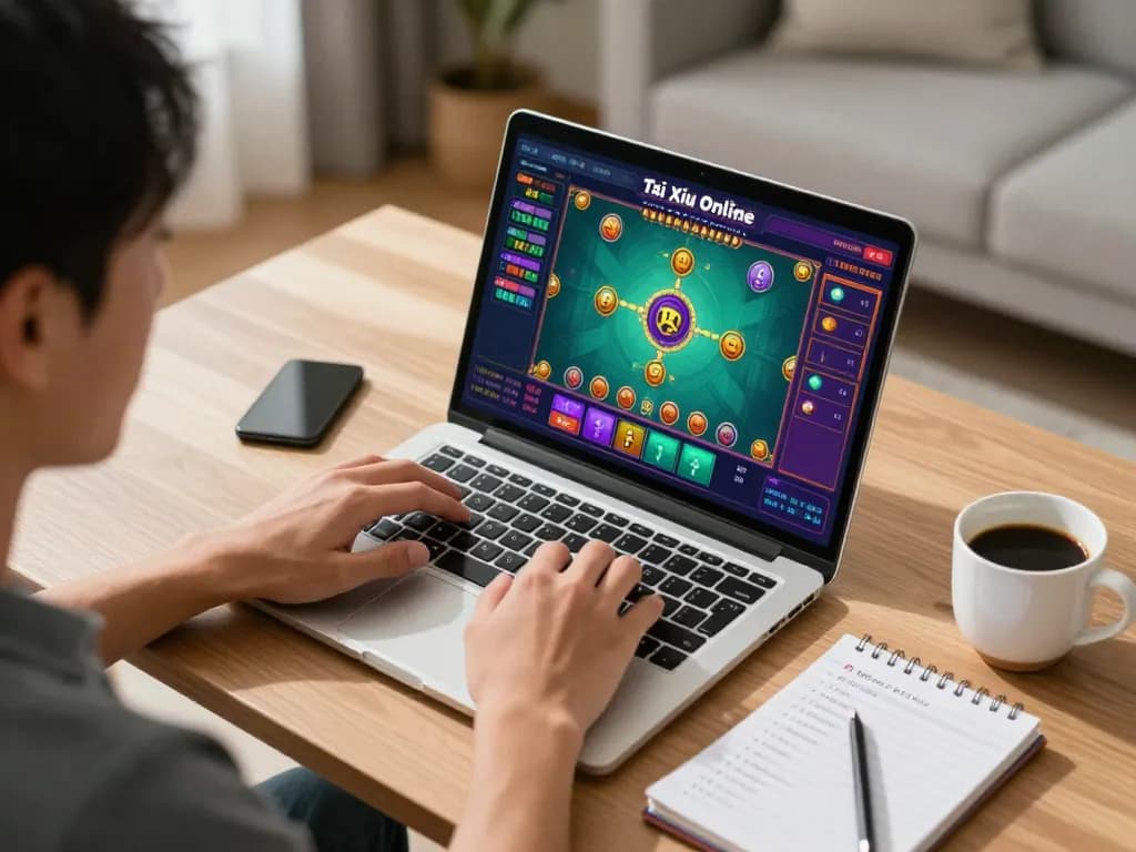 TaiXiuOnlineGo player engaged in live online gaming with laptop displaying betting options and strategies.