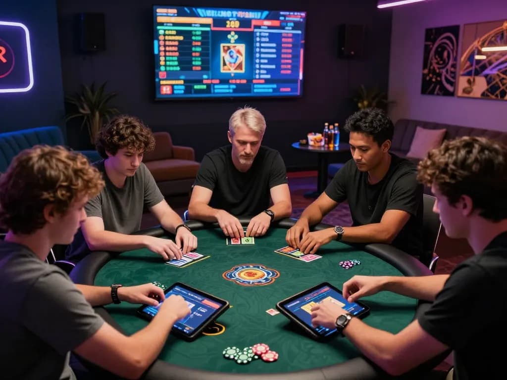 Players engaging with bomwin digital gaming platform in a vibrant casino-like atmosphere.
