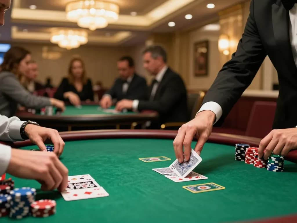 Players engaging in strategic poker gameplay at 9BET casino table in a luxurious atmosphere