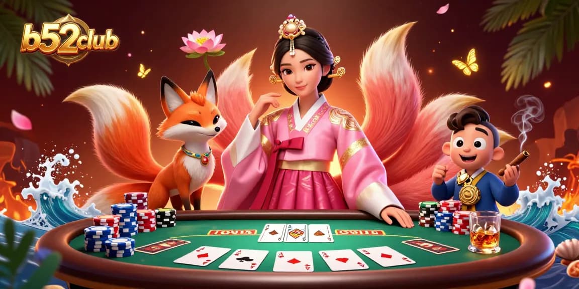 Join the excitement of b52club with a stunning 3D illustration featuring a vibrant poker scene and enchanting characters.