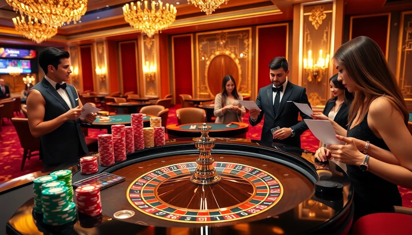Excited players engage in vibrant casino action at uu88vn.com with roulette tables and poker chips.