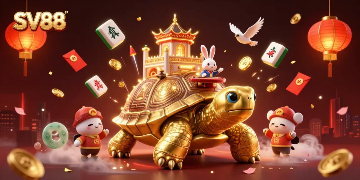 Experience SV88 with a cartoon golden tortoise casino scene featuring games and prizes.