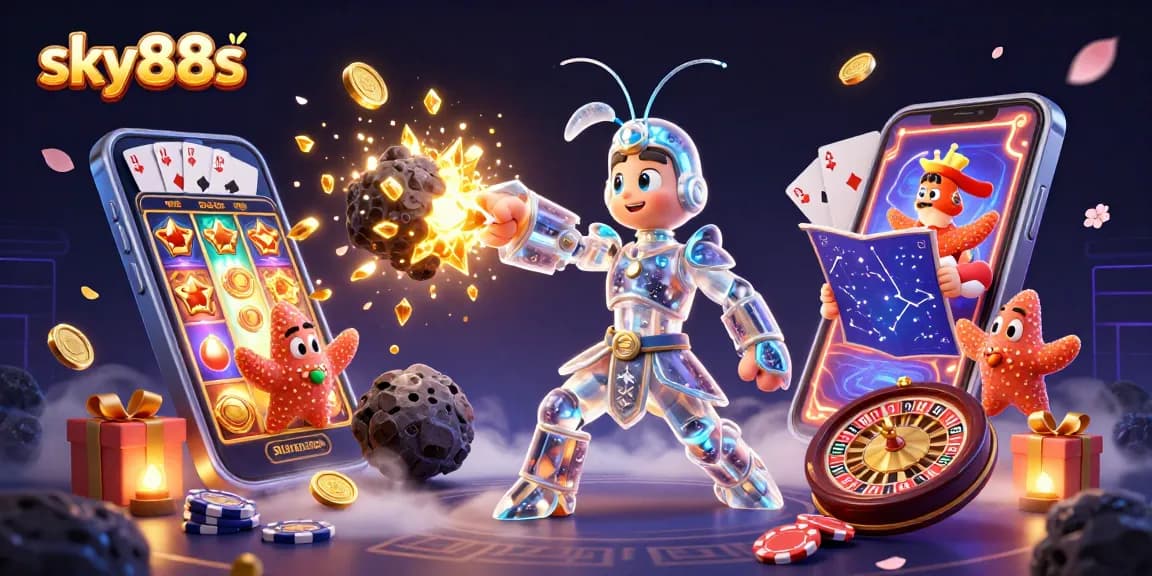 Experience thrilling betting action with sky88s featuring a galactic mantis shrimp battling asteroids for golden gems.