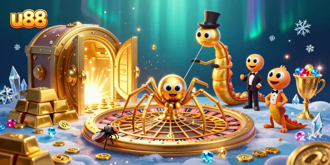 Place bets confidently at u88 while the golden spider spins treasures in a vibrant casino scene.