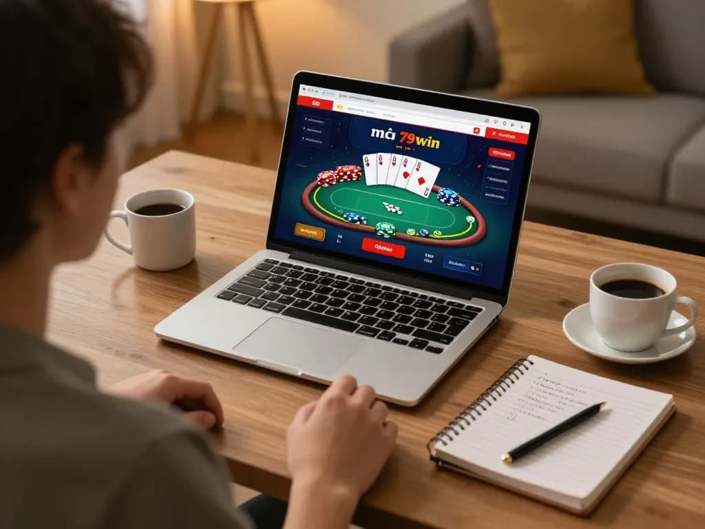 Engaging in online poker at nhà cái 789win in a cozy home with strategic notes and warm ambiance.