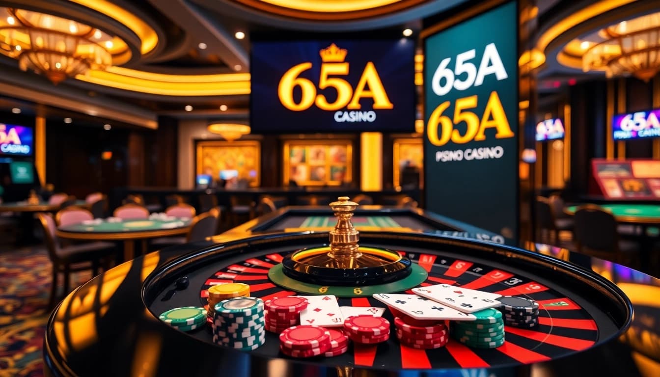 Experience excitement at the 65A casino with vibrant roulette and poker elements.