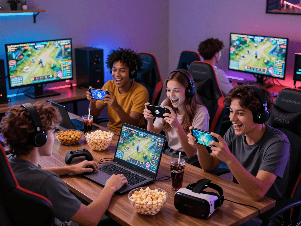 KOMBET168 gaming scene with diverse friends enjoying an exciting online experience.