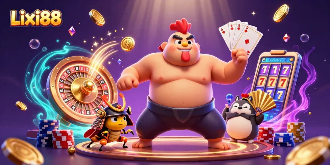Lixi88 showcases a sumo wrestler rooster and samurai cricket in a vibrant casino scene, celebrating wins.